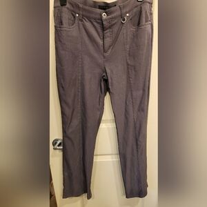 Simon Chang  "denim" or actually 74 % rayon. Steel grey, sz 14